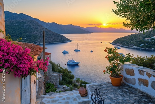 Breathtaking sunset over the aegean sea from kastellorizo island, greece photo