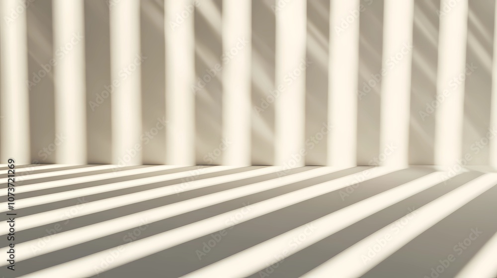 Naklejka premium Natural light filters through wooden slats, creating a play of light and shadow, perfect for backgrounds, textures, or tranquil mood settings