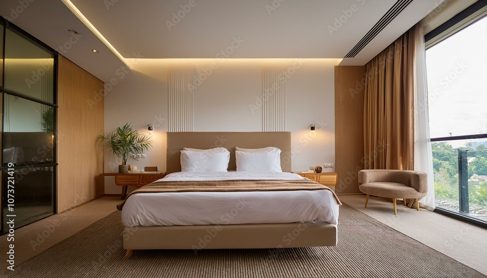 Fototapeta premium Hotel bedroom interior with bed and decoration, window. Mockup wall