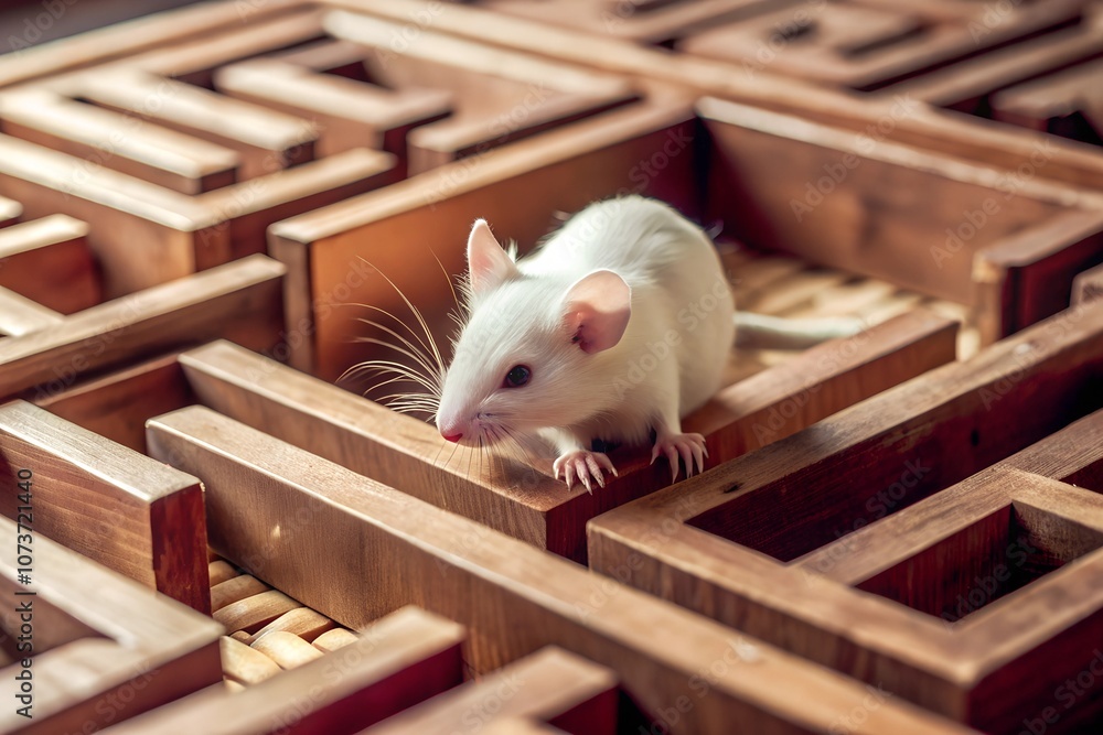 Obraz premium A curious white lab mouse exploring a wooden maze, showcasing delicate details and soft lighting. Ideal for scientific, educational, or conceptual visuals.