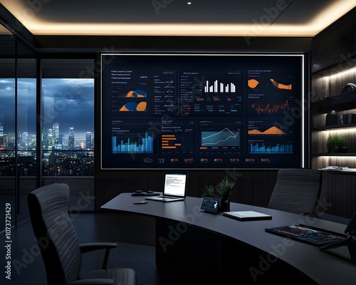 A modern office conference room featuring a large analytics display showcasing data visualizations, ideal for business presentations and corporate meetings in a vibrant urban setti