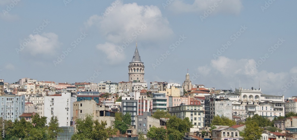 Panoramic view of buildings with Galata Tower in Istanbul, Turkey