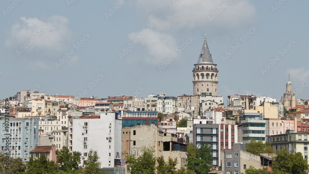 Panoramic view of buildings with Galata Tower in Istanbul, Turkey