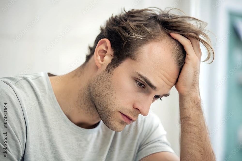 A young man looking distressed, running his hand through thinning hair. A realistic representation of hair loss struggles, male pattern baldness, or personal stress. A young man looking distressed, running his hand through thinning hair. A realistic representation of hair loss struggles, male pattern baldness, or personal stress.