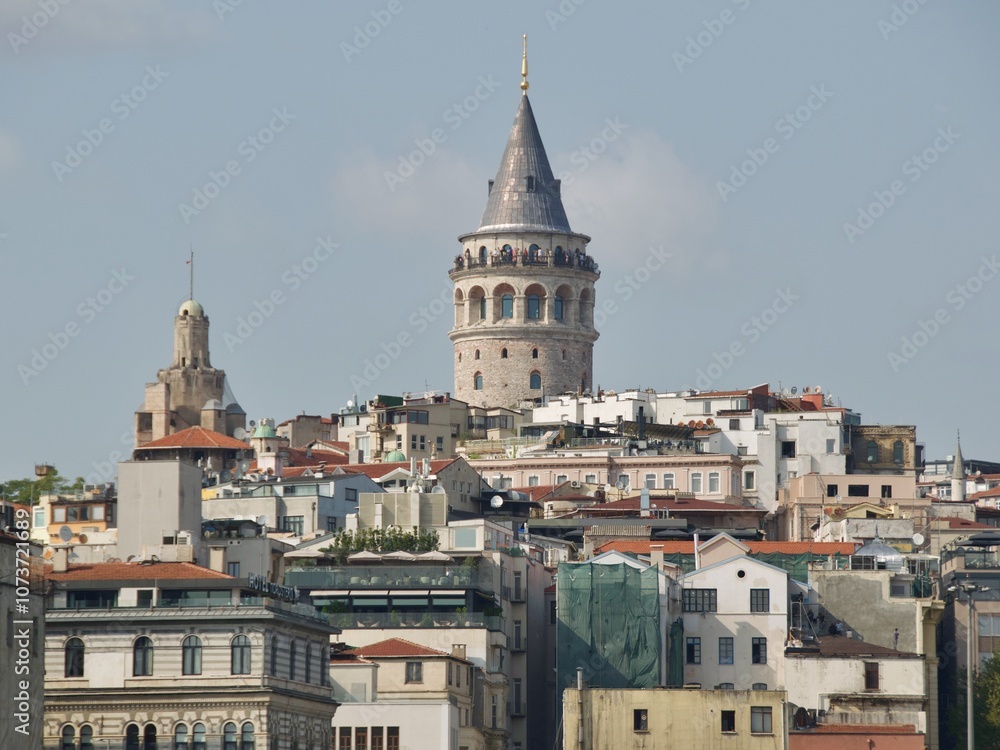 Panoramic view of buildings with Galata Tower in Istanbul, Turkey