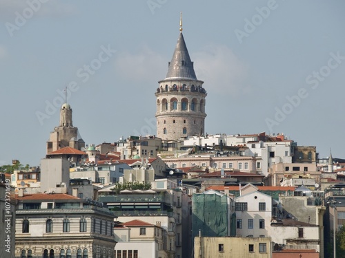 Panoramic view of buildings with Galata Tower in Istanbul, Turkey