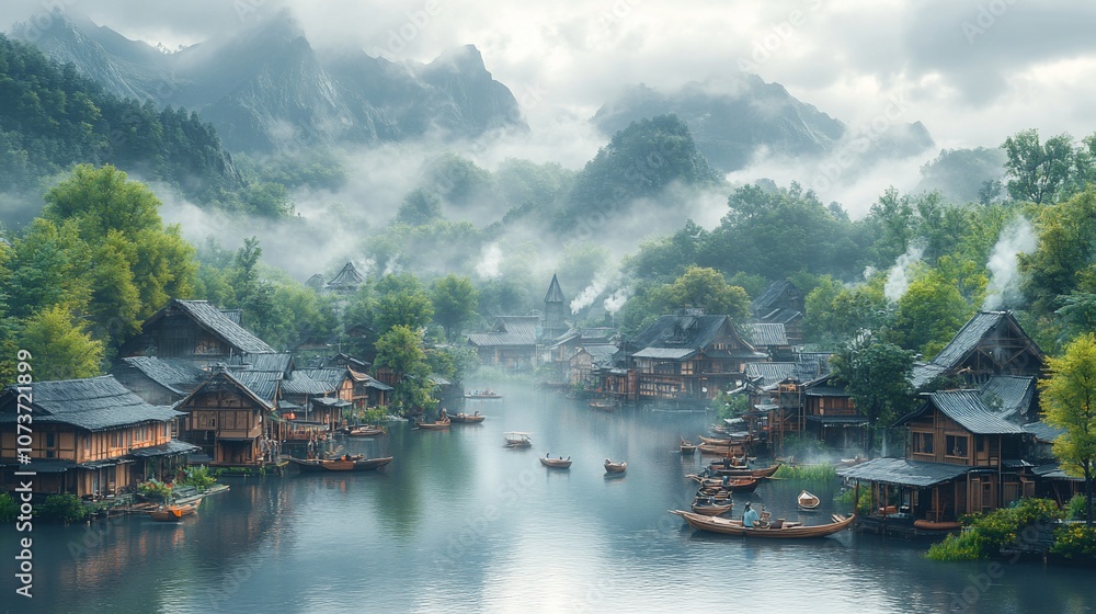 Misty morning view of a small village nestled in a valley with traditional wooden houses and boats on the river. Misty morning view of a small village nestled in a valley with traditional wooden houses and boats on the river.
