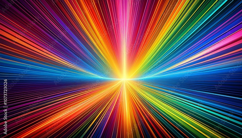 Vibrant, abstract rainbow stripes radiating outwards from a bright, central light. Vibrant, abstract rainbow stripes radiating outwards from a bright, central light.