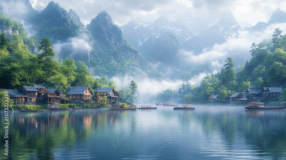 Naklejka premium A picturesque village nestled amidst misty mountains, with boats gently gliding across a tranquil lake.