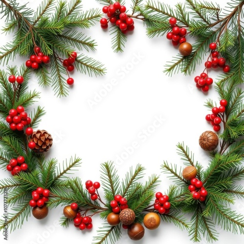 Christmas border, evergreen branches, holly berries, pine cones, ornaments, festive frame, white background, realistic, high detail, seasonal decoration, red and green colors, winter foliage, holiday 