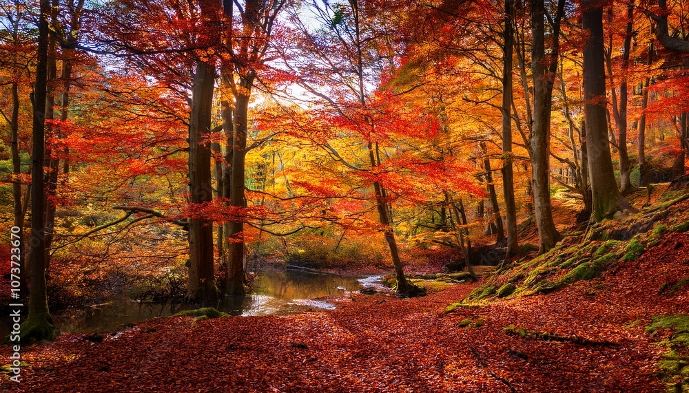 Fototapeta premium A vibrant autumn forest with fallen leaves covering the forest floor and a small creek winding through the scene.