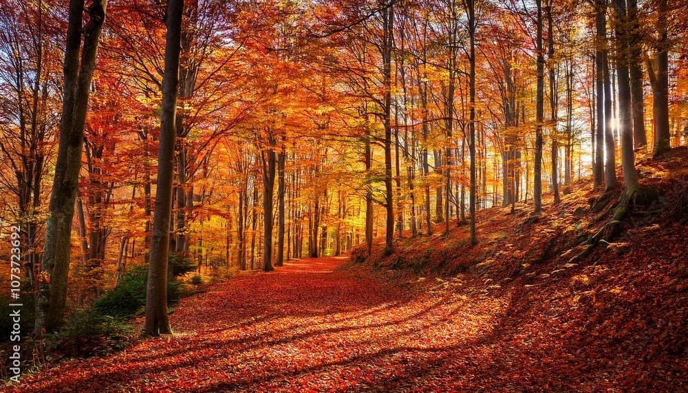 Fototapeta premium A path winds through a forest in autumn, the trees ablaze with fiery red and orange leaves.