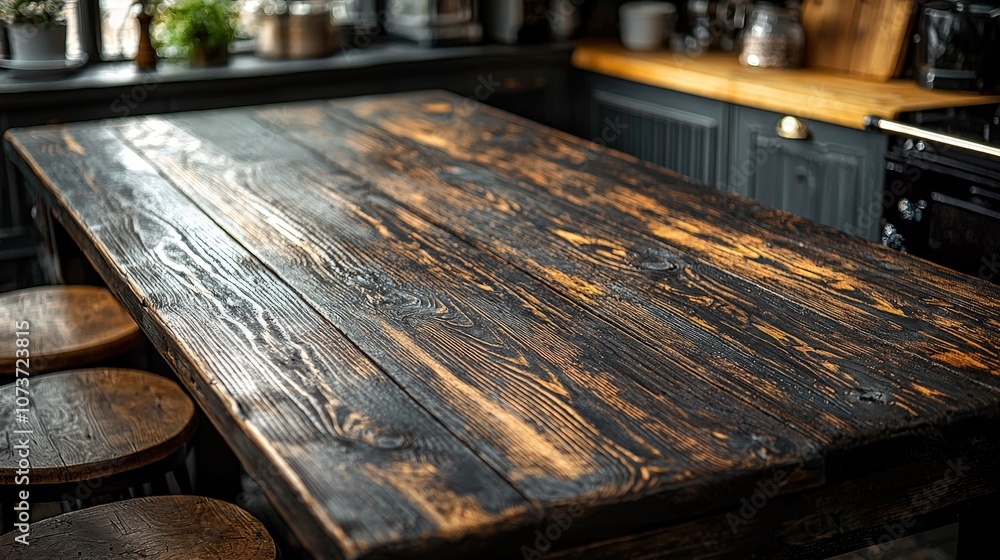 A rustic wooden dining table in a cozy kitchen setting. A rustic wooden dining table in a cozy kitchen setting.