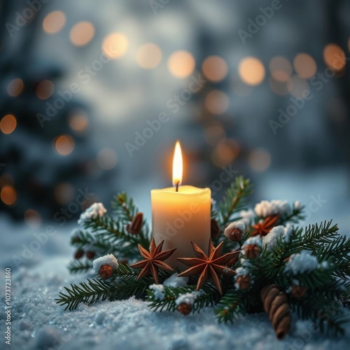 Wallpaper Mural Christmas background  candle with pine branches and spices in the snow with blurred lights in the background frame christmas isolated Torontodigital.ca