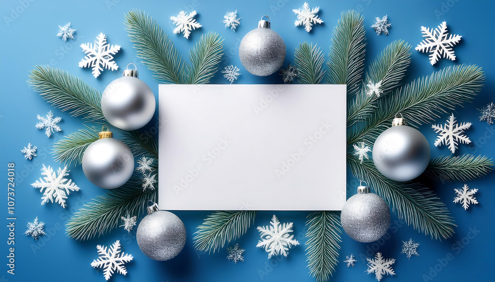 Blank white Christmas card features silver and blue ornaments, fir branches, and white snow_1(356) Blank white Christmas card features silver and blue ornaments, fir branches, and white snow_1(356)