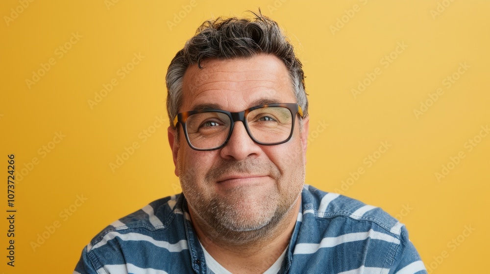 Obraz premium Happy middle-aged man with glasses smiling against a vibrant yellow backdrop in a bright indoor setting