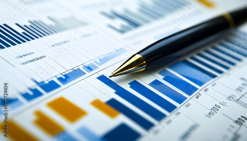 Close-up of a pen resting on financial charts and graphs, showcasing data analysis and trends. Ideal for depicting concepts of finance, statistics, and corporate strategy.