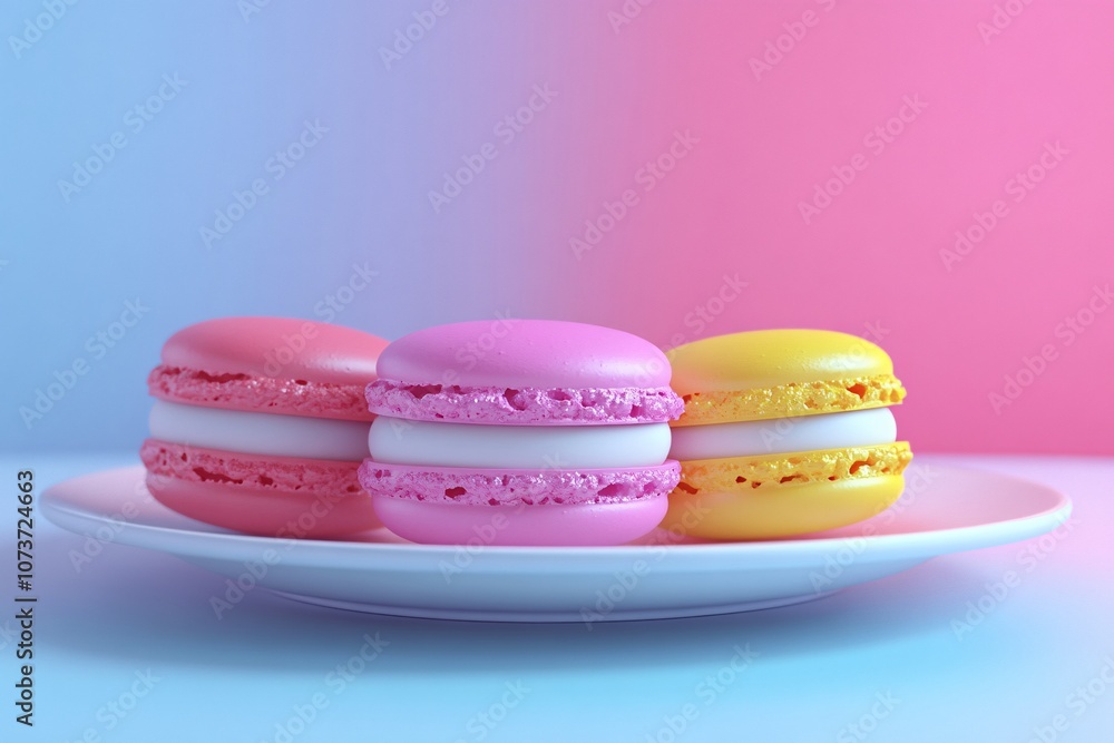 Colorful Macarons on White Plate Pink and Blue Background