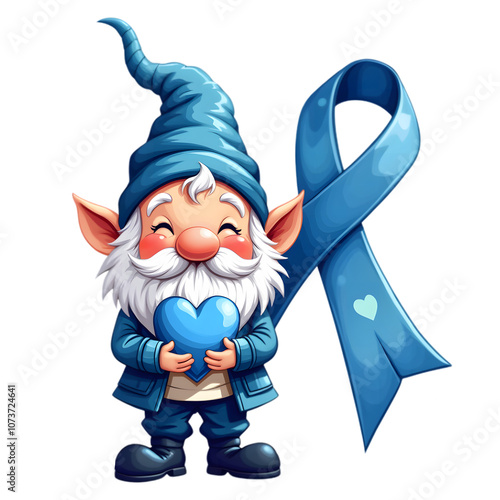 Cheerful gnome holding blue heart with diabetes awareness ribbon t-shirt design on transparent background photo