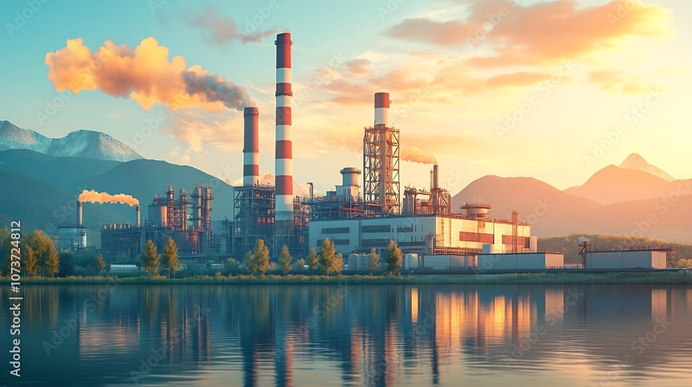 Naklejka premium Industrial Refinery at Sunset with Environmental Conservation Concept