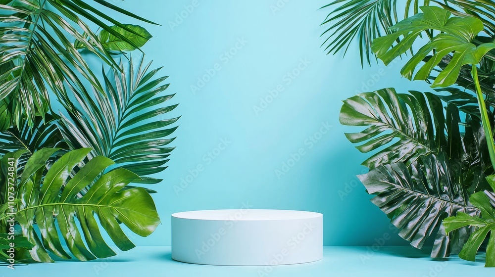 Elegant Minimal White Podium with Tropical Foliage Backdrop for Product Display Elegant Minimal White Podium with Tropical Foliage Backdrop for Product Display