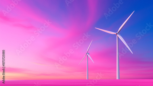 Vibrant sunset sky with wind turbines generating clean energy on a tranquil evening