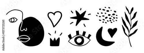 Black and white hand drawn elements. Eyes, hearts, naives for decoration. Set of flat vector illustrations eps10
