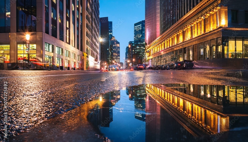 Fototapeta premium Cityscape at night with reflections in a puddle after rain.