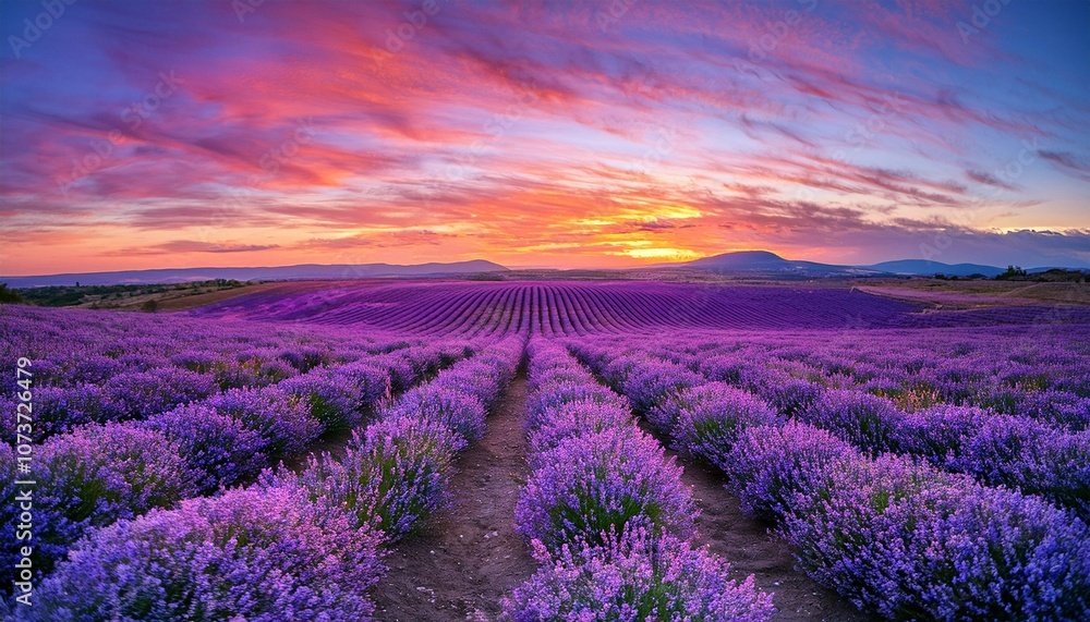 A breathtaking view of a lavender field at sunset, with vibrant purple hues and a fiery sky. A breathtaking view of a lavender field at sunset, with vibrant purple hues and a fiery sky.