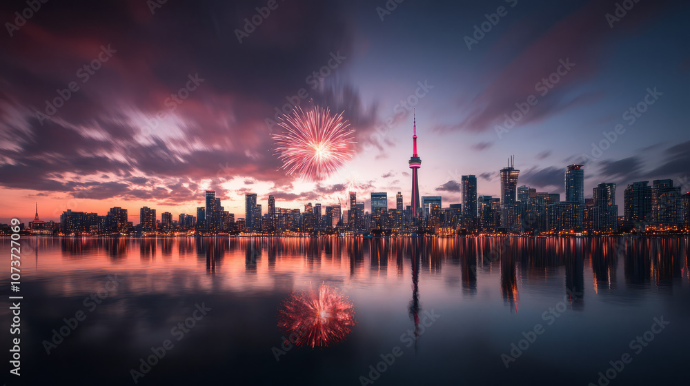 Stunning New Year fireworks exploding over a city skyline, reflecting on the water below, capturing the excitement of the new year