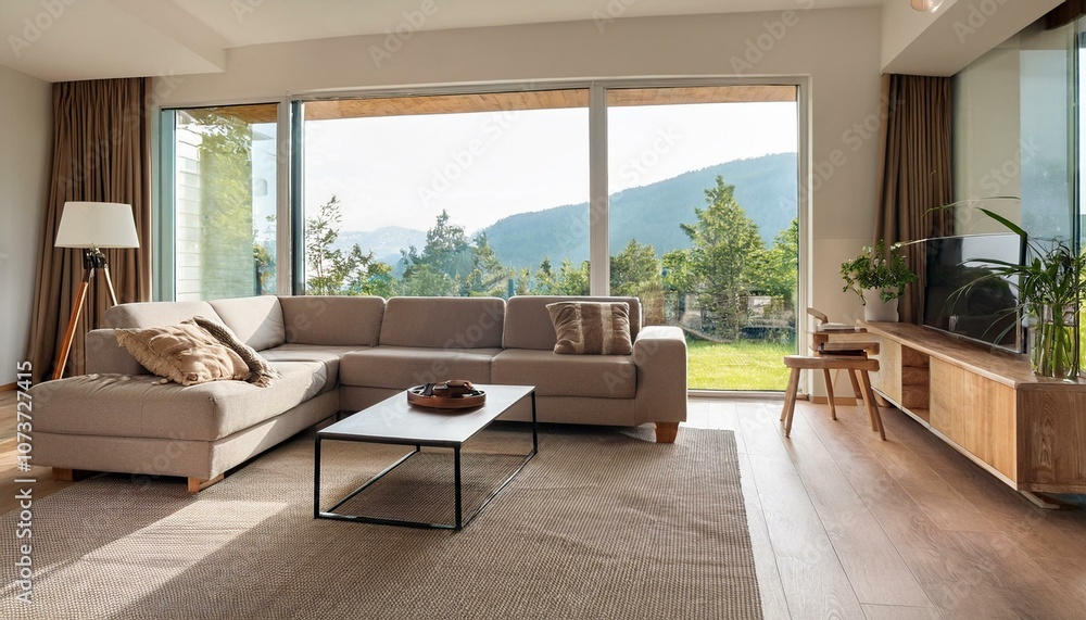 Modern home living room interior with couch and sideboard, panoramic window Modern home living room interior with couch and sideboard, panoramic window