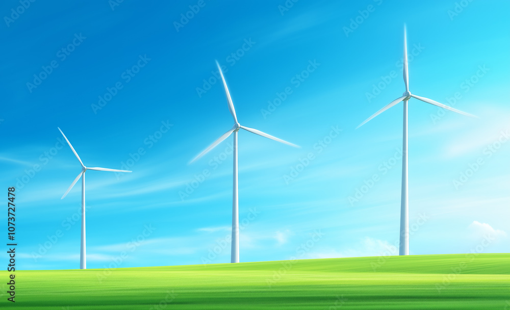 Wind turbines generating renewable energy in a clear blue sky during daylight hours Wind turbines generating renewable energy in a clear blue sky during daylight hours