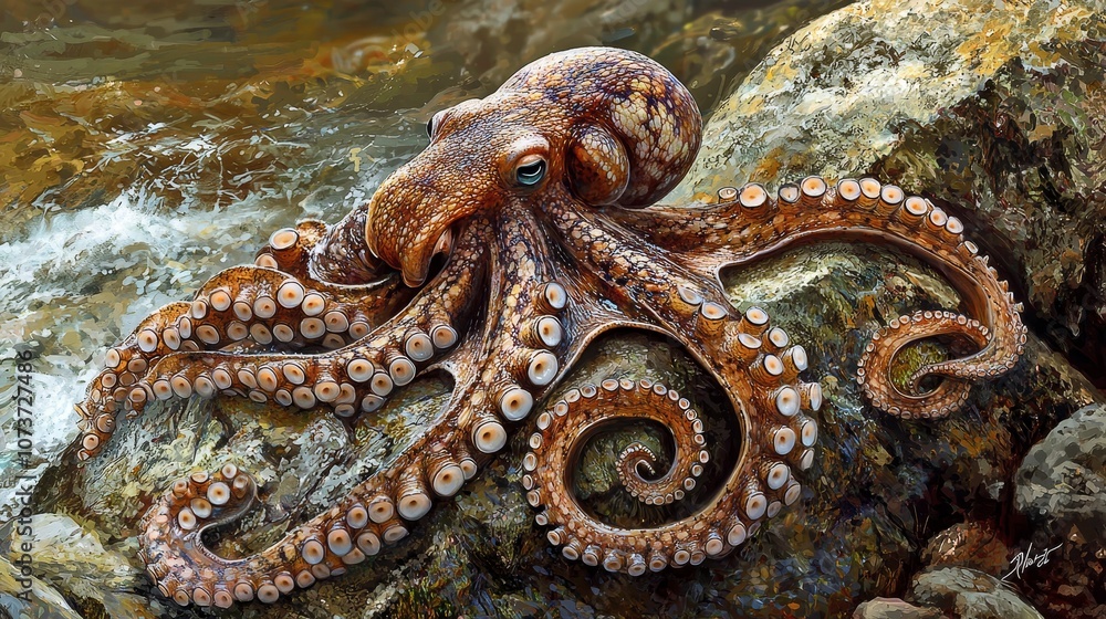 Naklejka premium Octopus Resting on Underwater Rock Formation