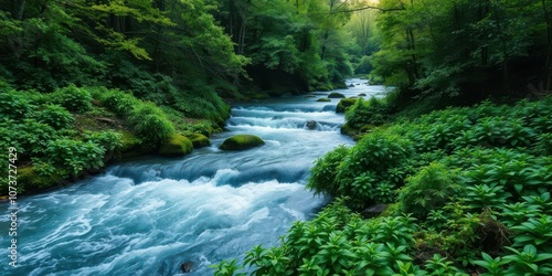 Lush green foliage lines the banks of a fast-flowing river in a spring forest, vibrant, outdoors