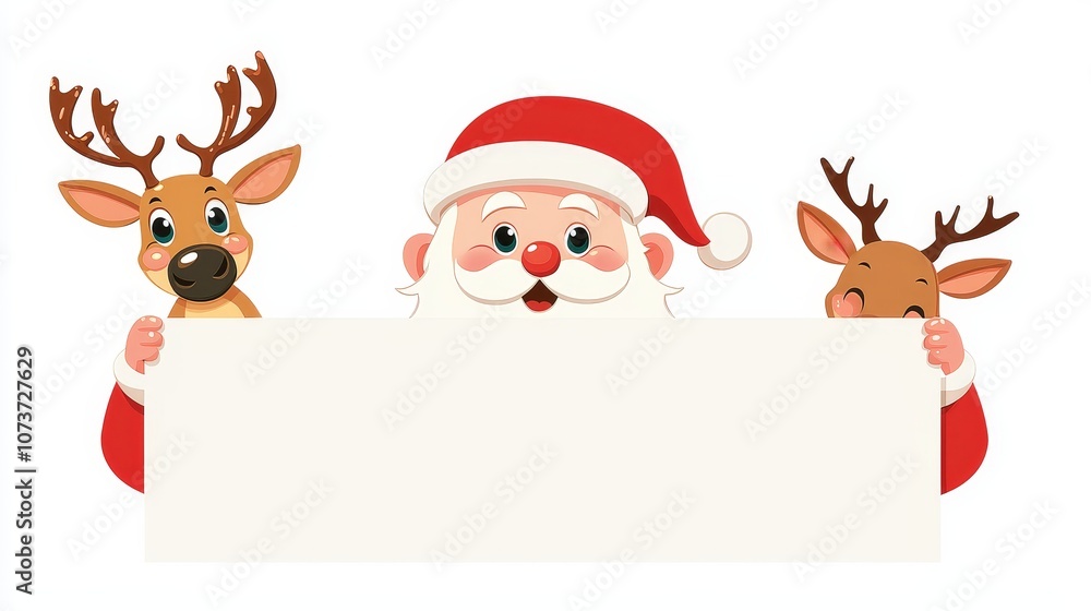 Playful Santa Claus with Reindeer Peeking from Christmas Greeting Banner Playful Santa Claus with Reindeer Peeking from Christmas Greeting Banner