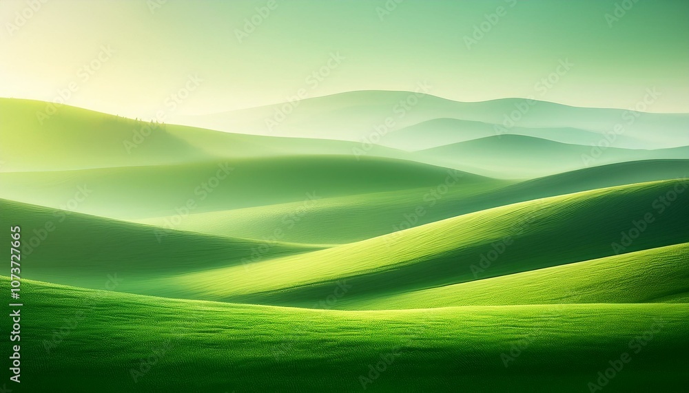 Rolling green hills bathed in morning light create a peaceful landscape. Rolling green hills bathed in morning light create a peaceful landscape.