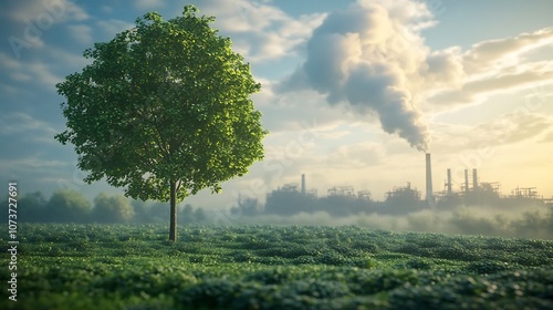 Contrasting Landscapes Green Meadow and Polluting Factory Affecting Climate Change