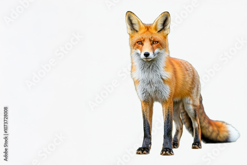 Red fox standing, isolated on a white background.