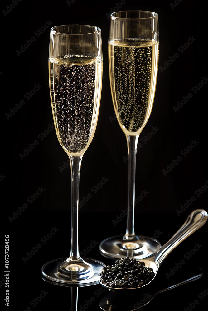 Two champagne glasses on a black background with spoon of black caviar Two champagne glasses on a black background with spoon of black caviar