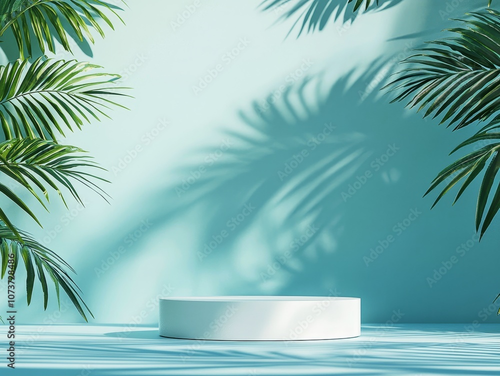 Obraz premium Serene Tropical Backdrop with Minimalist White Podium for Premium Product Display