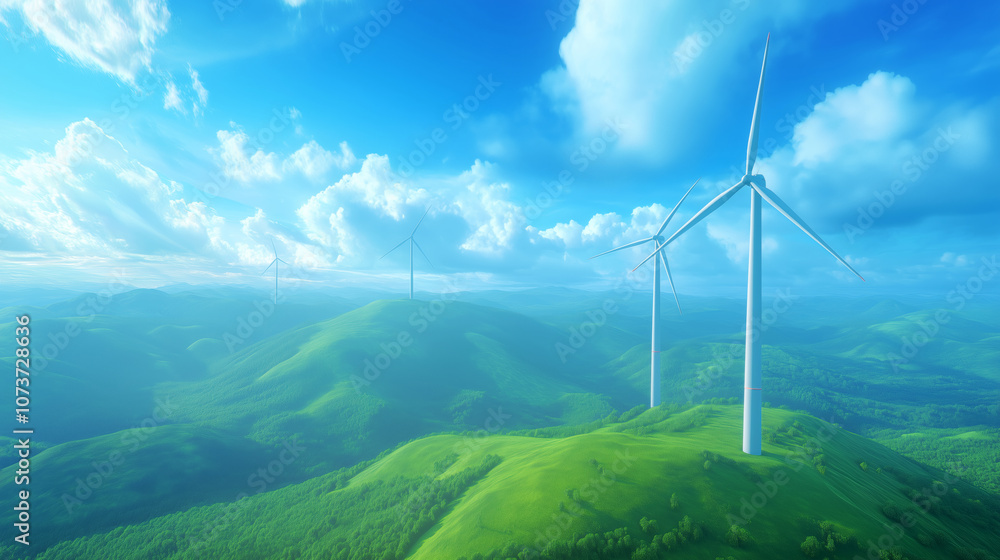 Wind turbines standing on green hills under a bright blue sky during a sunny day Wind turbines standing on green hills under a bright blue sky during a sunny day