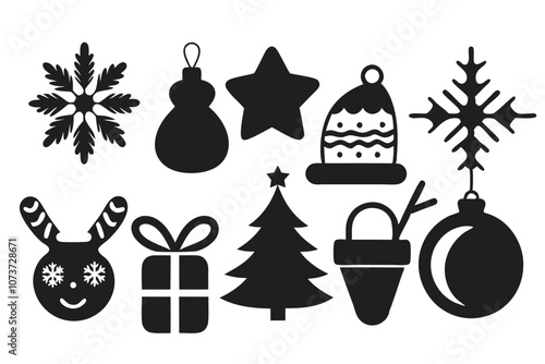 set of Christmas decorations icons vector silhouette back on white background