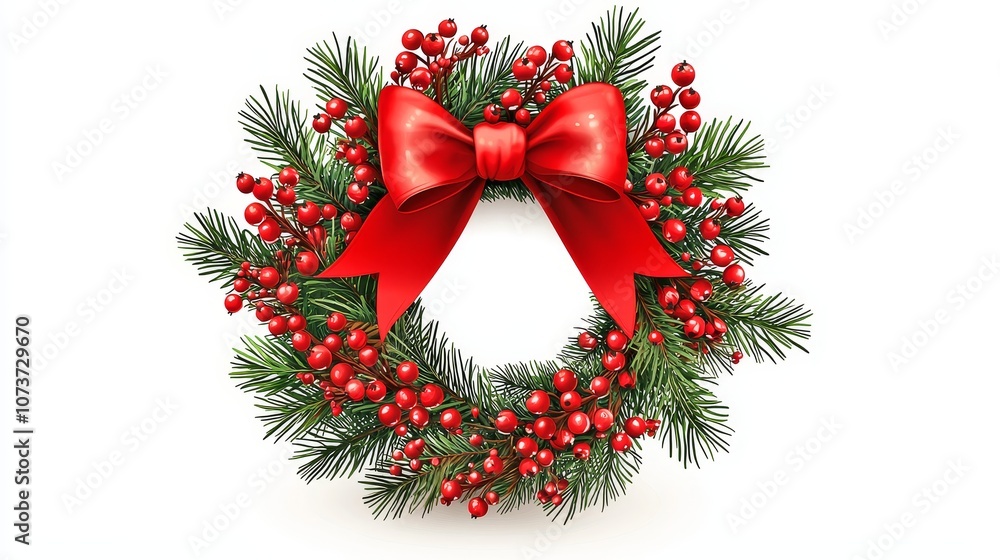 Vibrant of a Festive Christmas Wreath with Pine Branches Red Berries and a Decorative Red Bow Vibrant of a Festive Christmas Wreath with Pine Branches Red Berries and a Decorative Red Bow