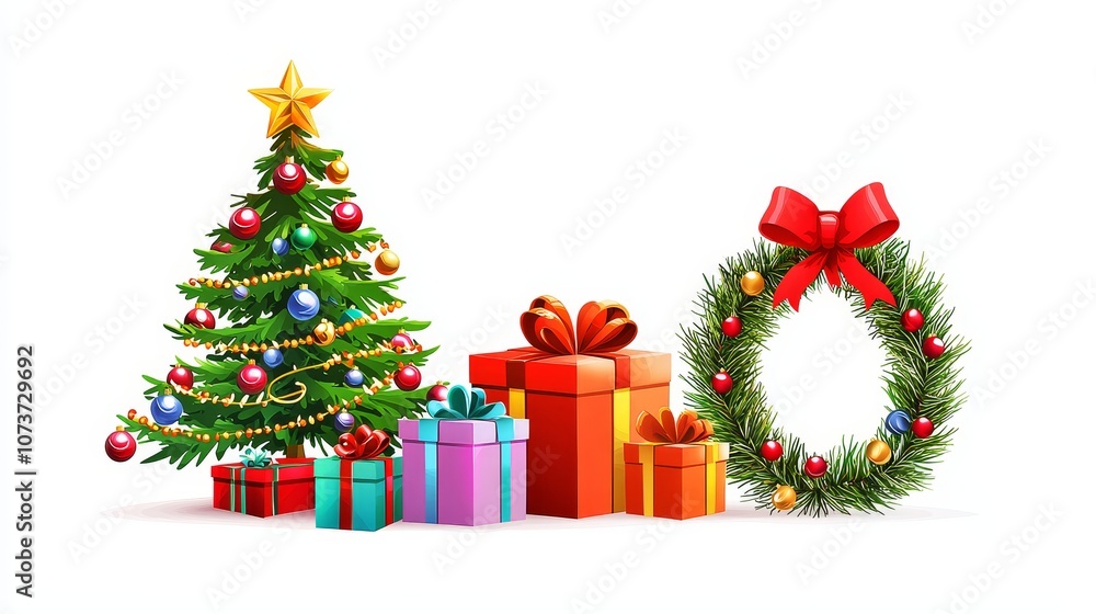Vibrant of a Festive Holiday with Christmas Tree and Gifts Vibrant of a Festive Holiday with Christmas Tree and Gifts