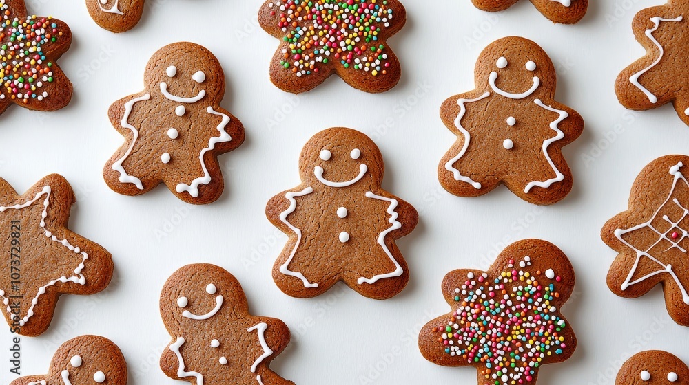 Vibrant of Assorted Gingerbread Cookies with Sprinkles on White Background Vibrant of Assorted Gingerbread Cookies with Sprinkles on White Background