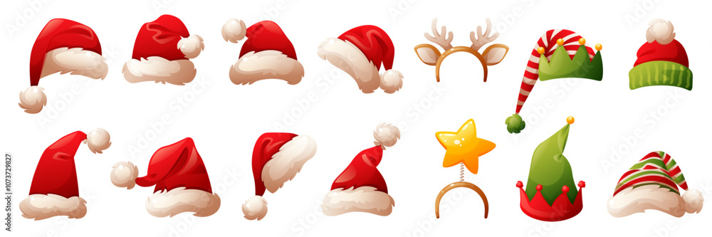 © Лиля Зайдуллина - Big set of different red Christmas Santa Claus hats. Caps with white fur and pompoms, striped green and red elf hats, headband with star and deer antlers. Vector hats for winter holiday decoration.