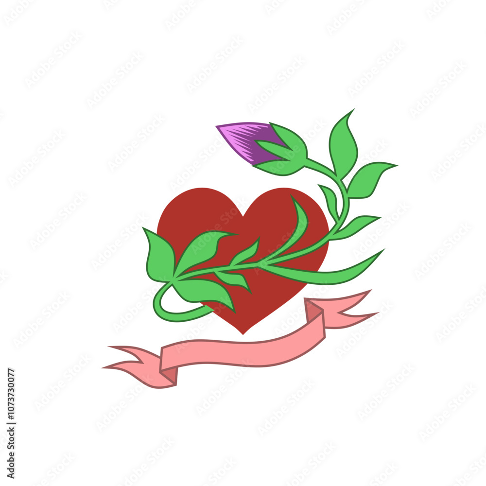 Naklejka premium Illustration of a heart with green vines and purple flowers, decorated with a pink ribbon. Symbolizes romance, love and natural elegance. Ideal for romantic or decorative themes and artistic designs.