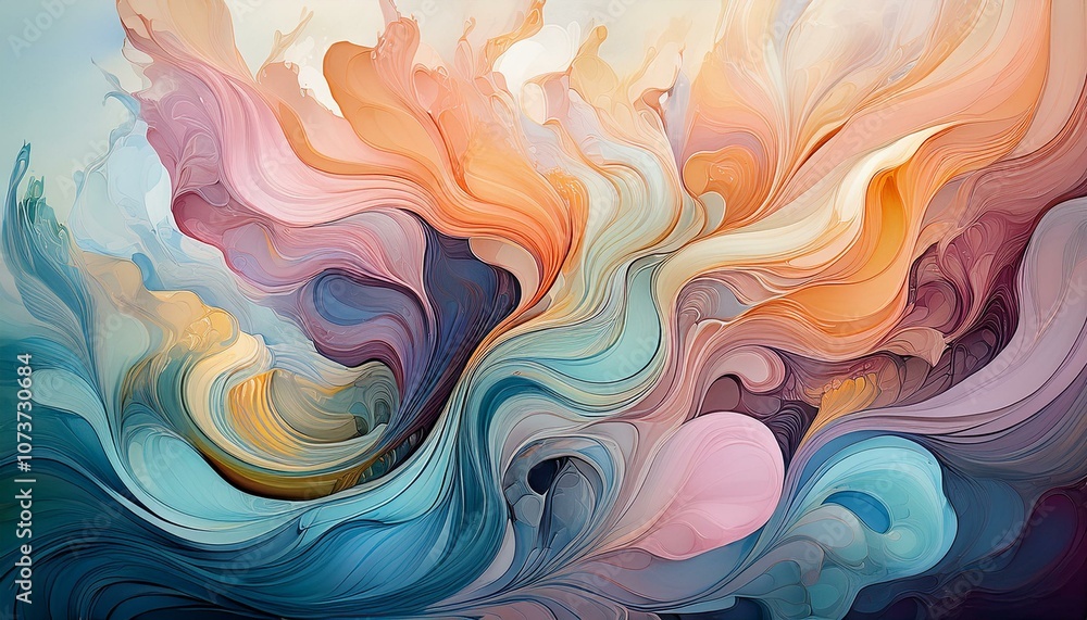 Fototapeta premium Abstract swirling patterns in shades of blue, pink, and orange.