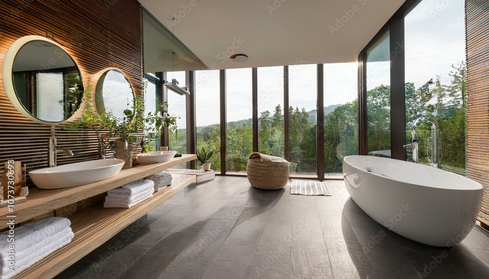 Fototapeta premium Modern luxury bathroom interior with sleek bathtub and large windows. 3D Rendering