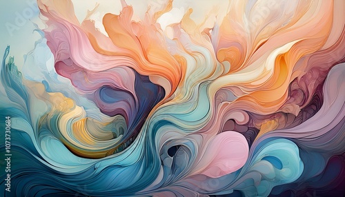 Abstract swirling patterns in shades of blue, pink, and orange.